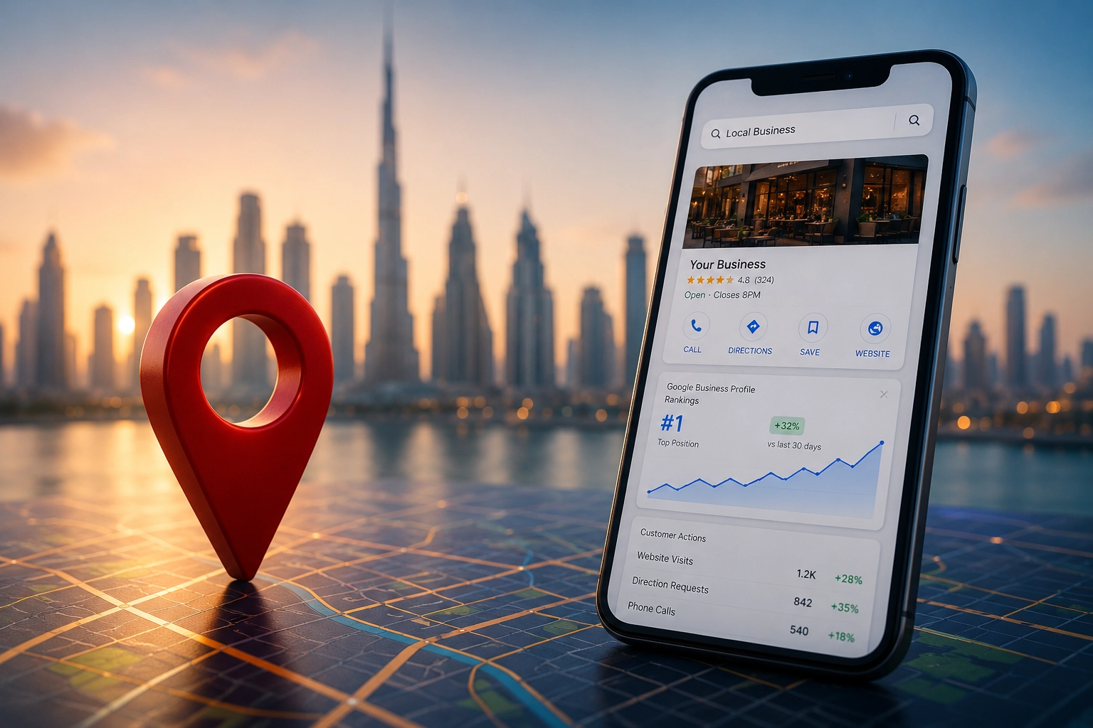 Local business ranking visualization showing a Google Business Profile, location pin, and improved local search visibility in Dubai.