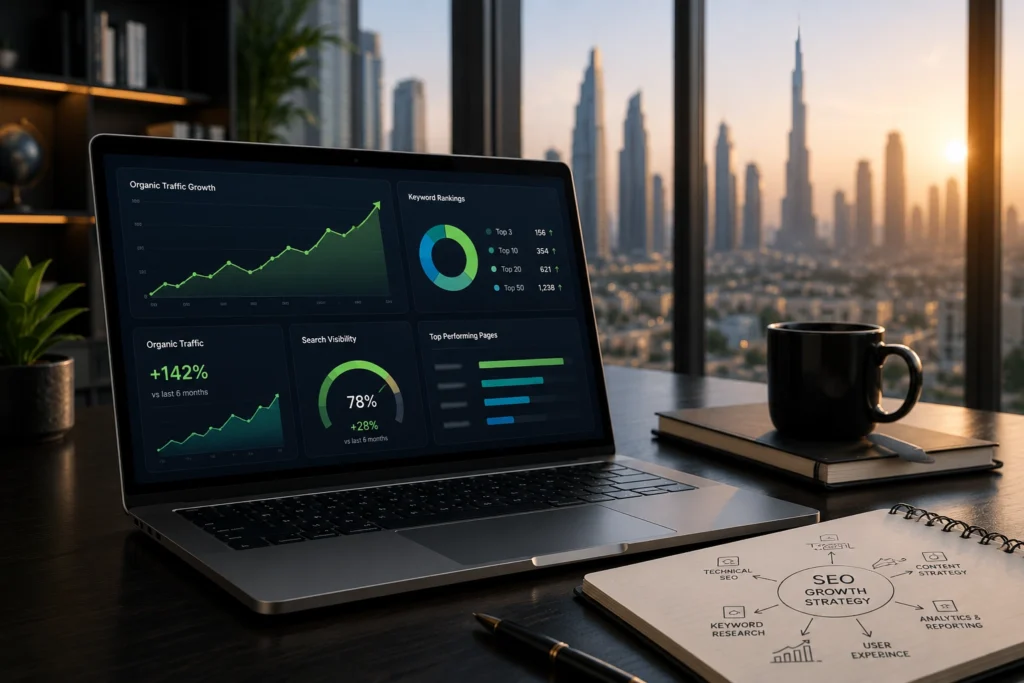 SEO growth strategy visualization showing organic traffic growth, search visibility improvements, and performance analytics on a laptop in a modern workspace.