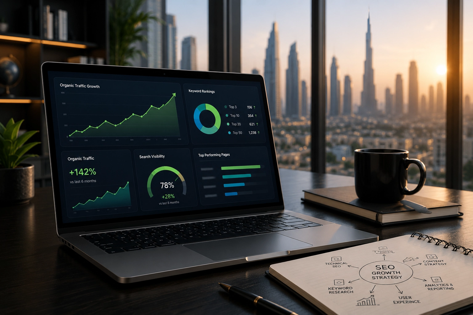 SEO growth strategy visualization showing organic traffic growth, search visibility improvements, and performance analytics on a laptop in a modern workspace.