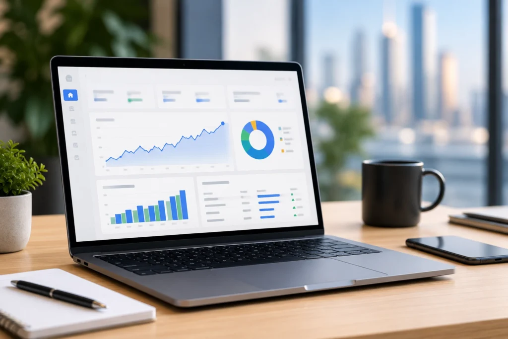 SEO website optimization dashboard displayed on a laptop in a modern office, showing website performance, user experience improvements, and organic growth analytics.