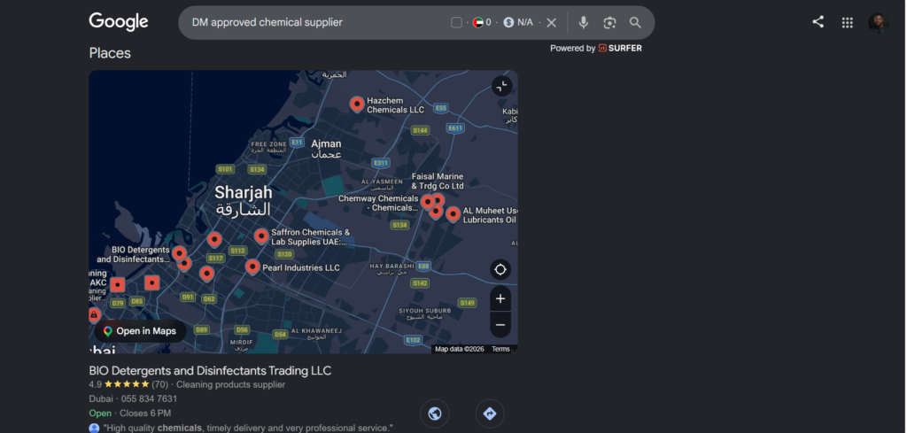 Google Maps showing BIO Detergents and Disinfectants Trading LLC ranking for "DM approved chemical supplier" in Dubai.