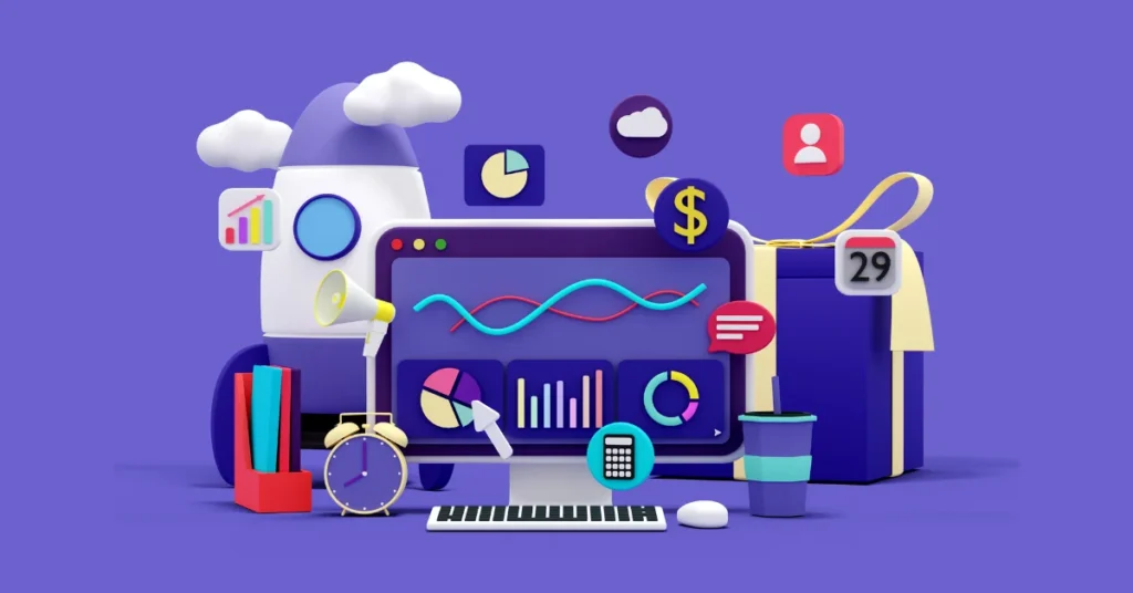 SEO analytics dashboard with charts and marketing icons.