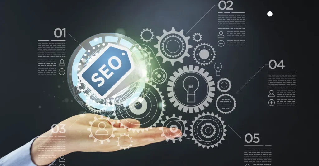 Technical SEO audit illustration showing an SEO tag surrounded by gears and website optimisation icons.
